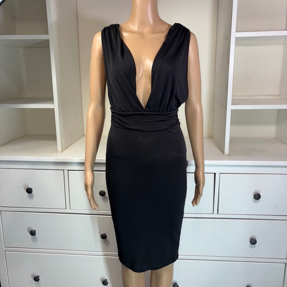Jireh Clothing Women Black Sleeveless Deep V Neck‎ Ruched Bodycon Midi Dress